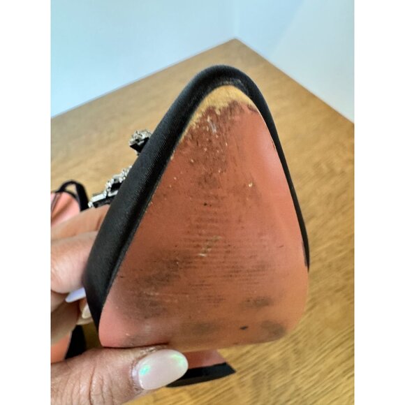 Black Satin Slingback Heels With Rhinestone Embellishment & Flared Heels Size 8. - Picture 9 of 13